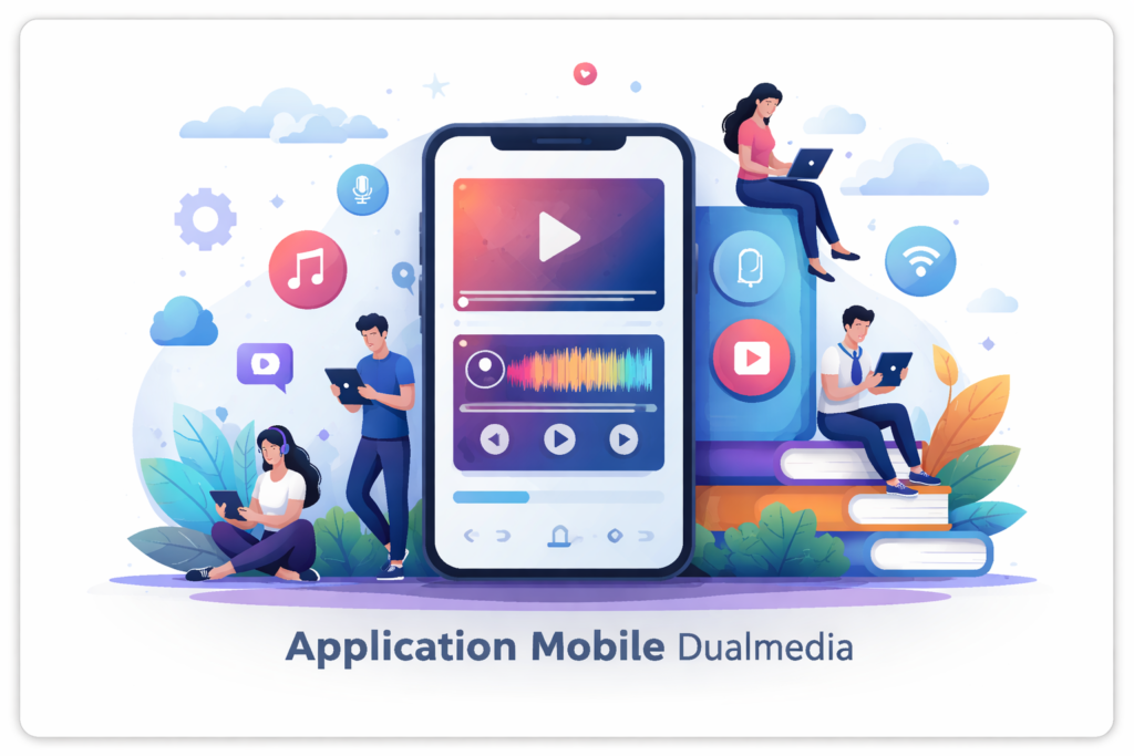 Application mobile dualmedia illustration showing smartphone with audio and video media player interface