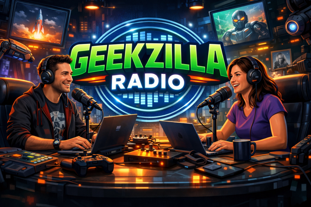 Geekzilla Radio: The Future of Digital Geek Entertainment Geekzilla Radio hosts recording a tech and gaming podcast in a futuristic digital studio with microphones, laptops, and neon lighting