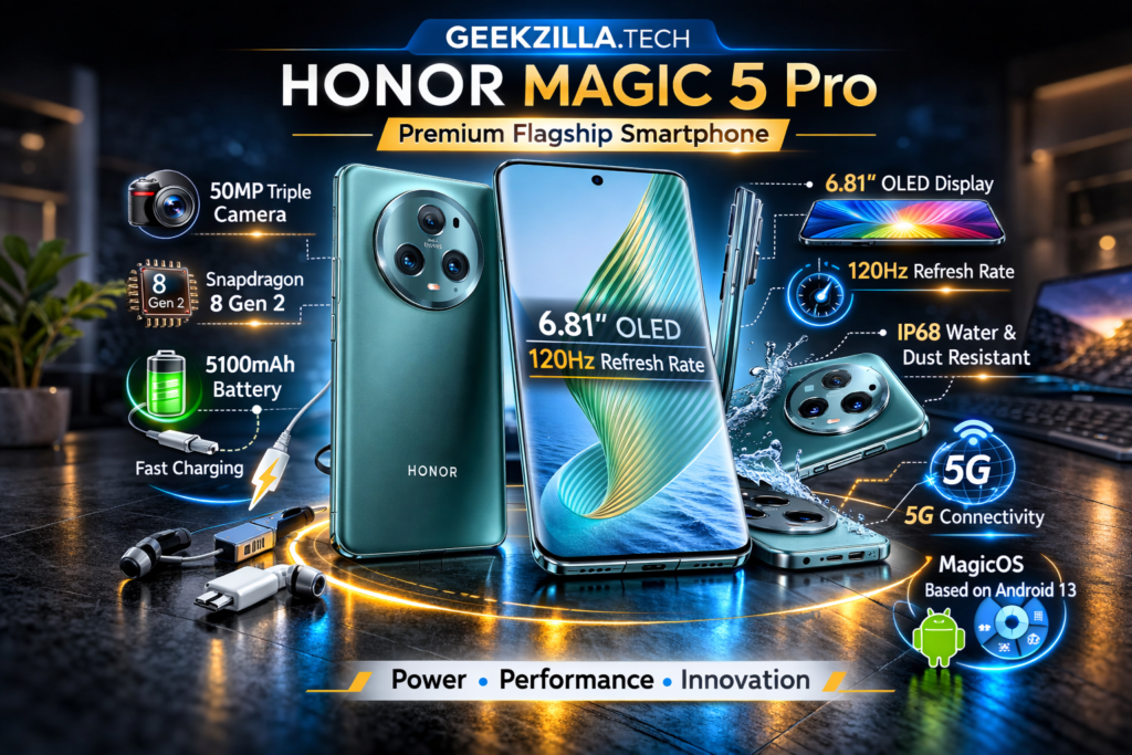 Geekzilla.tech Honor Magic 5 Pro: Full Expert Review Guide Geekzilla.tech Honor Magic 5 Pro premium flagship smartphone review showing design, camera, and display features