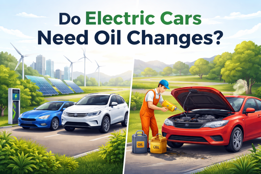 Do Electric Cars Need Oil Changes? Complete EV Maintenance Guide Do electric cars need oil changes comparison showing electric car charging and gasoline car oil change service