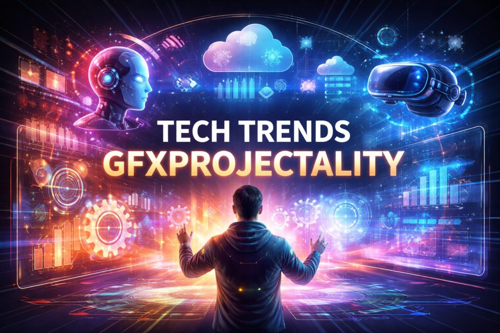 Tech trends gfxprojectality concept showing AI, VR, cloud computing, and futuristic digital innovation interface