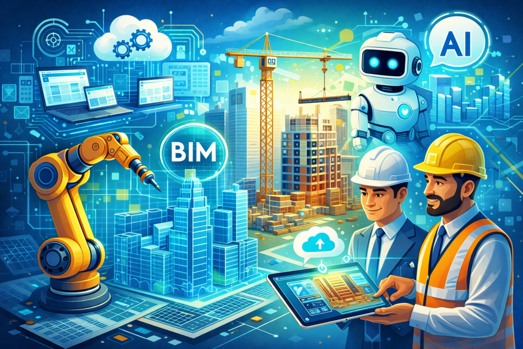 AEC Software News: Latest Trends, Tools, and Innovations AEC software news illustration showing BIM, AI, and construction technology tools