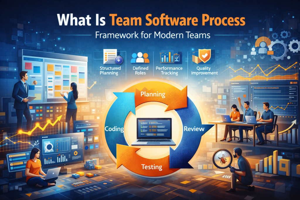 What Is the Team Software Process? Complete Beginner Guide Illustration explaining what is team software process with planning, coding, testing, and team collaboration workflow