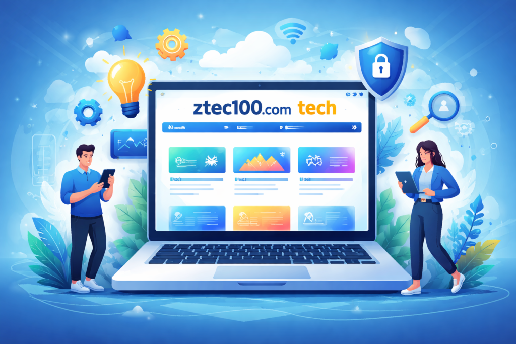 ztec100.com tech platform displayed on laptop screen with digital innovation elements
