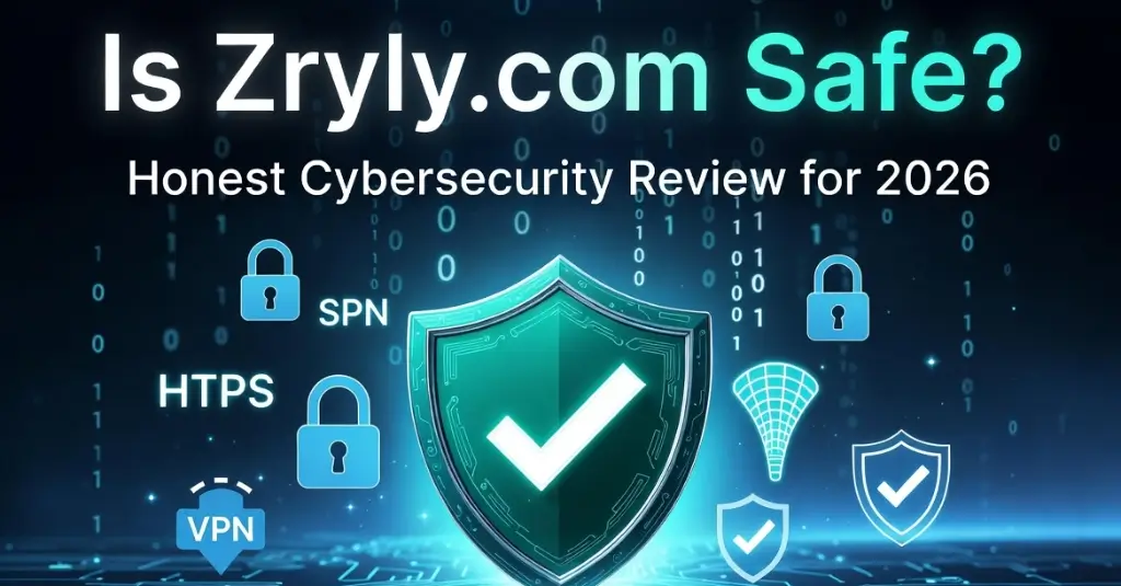 Is Zryly.com Safe? Honest Cybersecurity Review for 2026 Is Zryly.com Safe? Honest Cybersecurity Review for 2026 – Glowing green shield with checkmark, padlocks, VPN icons and binary code on futuristic blue-cyan digital background