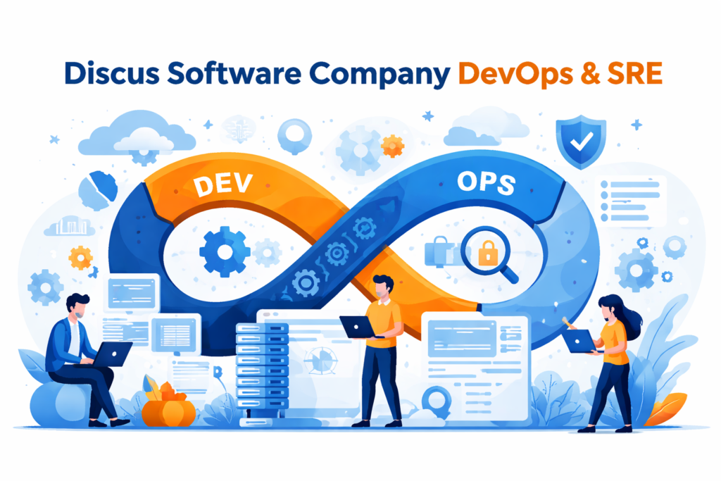 Discus Software Company DevOps SRE: Complete Guide Discus software company devops sre workflow illustration showing DevOps infinity loop and SRE monitoring process