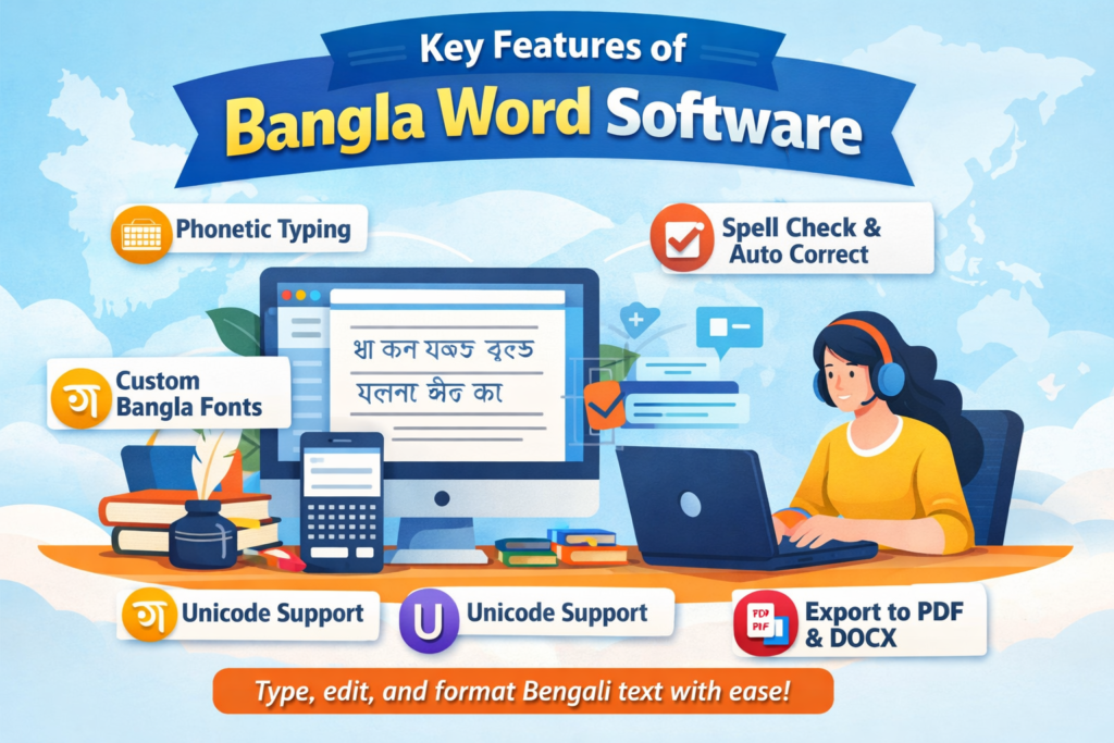 Understanding Bangla Word Software: Tools, Tips, and Benefits Key features of Bangla word software showing phonetic typing, spell check, custom fonts, and Unicode support