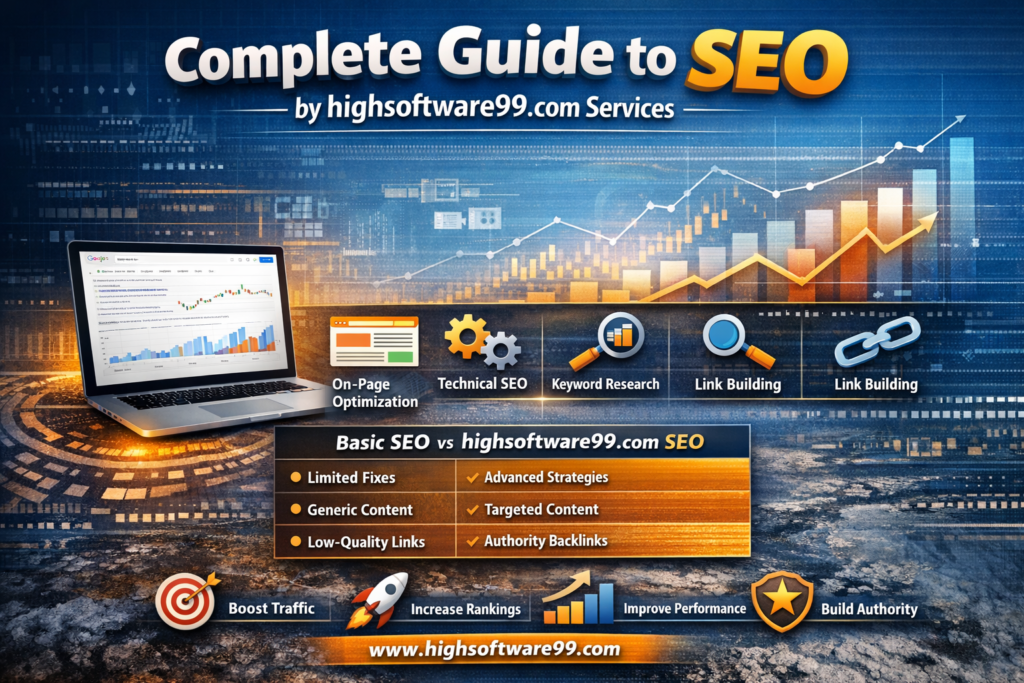 Infographic showing complete guide to SEO by highsoftware99.com including on-page SEO, technical SEO, keyword research, link building, and comparison between basic SEO and advanced SEO strategies.